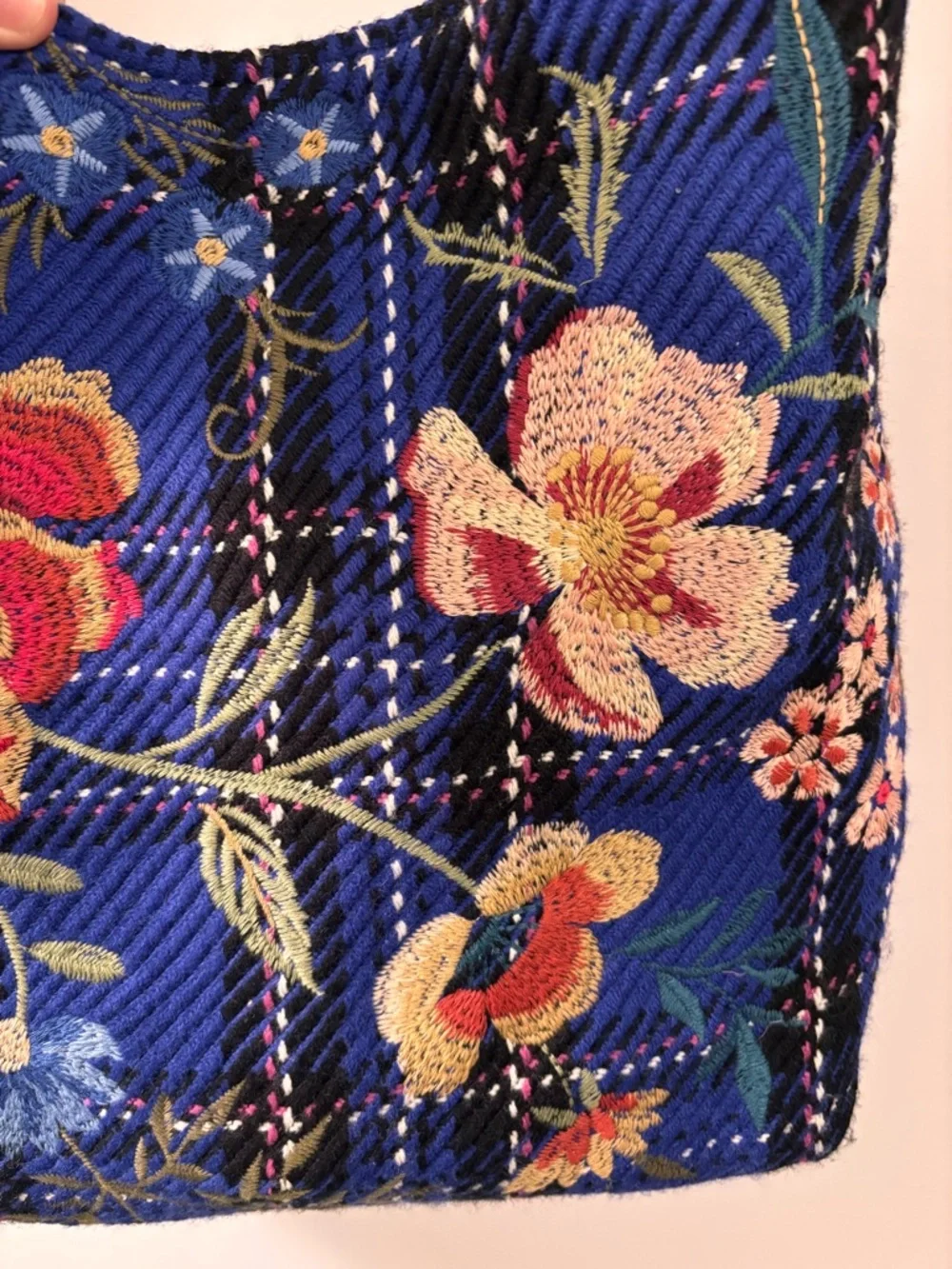 Johnny Was Mila Blue Plaid Embroidered Tote Bag - Picture 6 of 15